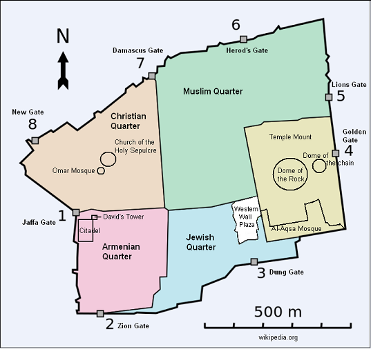 Mapa da Cidade Velha de Jerusalém e seus bairros